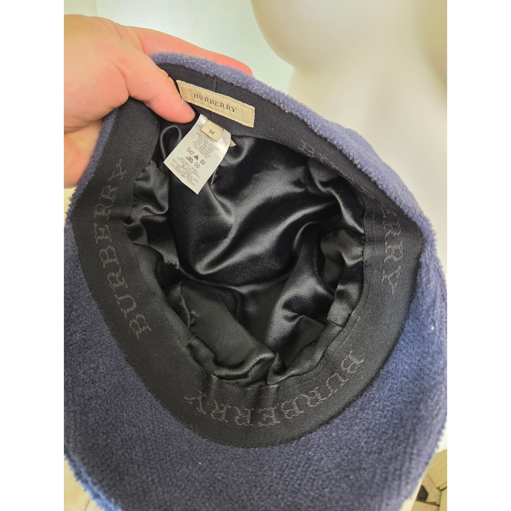 Burberry Navy Blue 100% Wool Newsboy Baker Boy Cap Hat Women Size M Logo Plaque - Picture 9 of 9